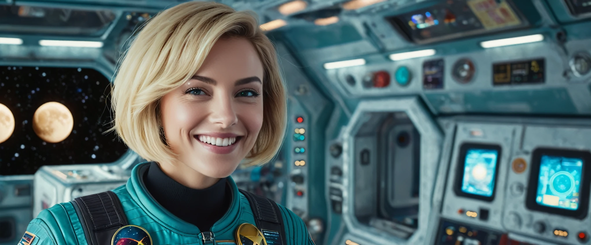 (masterpiece:1.4),(best quality,photorealistic), A beautiful Blonde woman with short Choppy Bob hair style, 28 years old, she is wearing a full length blue Teal space suit, she has perfect hands and face, ((she is standing in the crew recreational area of a giant space ship)), there is a bar and some gamming machines, and exclusive, Luxury, you can see a moon out of the window, space nebulas, planets, control panel, she wears a gold badge, she has a happy smile,