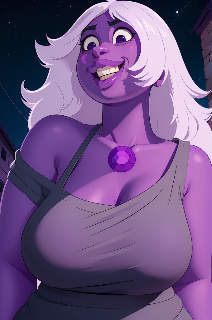 Amethyst,(purple skin:1.2),long white hair,black eyes,gem between collarbone,plump,plump lips,upturned nose.,
grey shirt,sleeveless,off shoulder,open mouth,   from below, 
standing,upper body,
small home,night,
(insanely detailed, masterpiece, best quality),
smiling,solo,