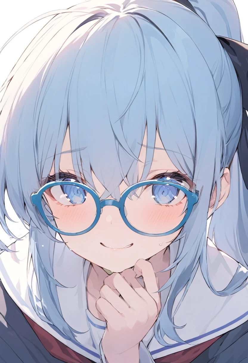 Blue Glasses Light blue hair girl ponytail Laughter Middle school students Mostly faces Face close-up Highest quality 傑作 Blue Glasses Blue Glasses