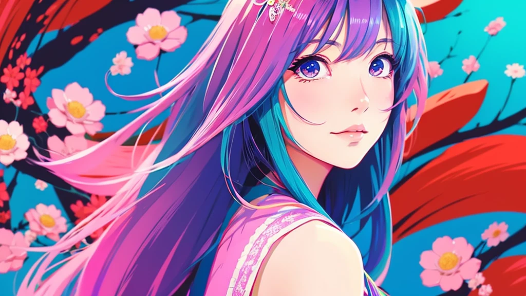 Create a vibrant anime-style portrait of a Japanese girl, .A girl&#39;s hair should flow naturally., And she is big, Expressive blue eyes. Her expression should be soft and gentle, With a warm and kind smile. A combination of warm and cool colors is preferable for the background., Enhance a girl&#39;s hair. She is wearing a blue lace dress with detailed embellishments.,Beautiful flowers in the background々is blooming、Cute puppy beside him、 Adding elegance to her appearance. The overall atmosphere of the artwork is bright.、It should be attractive, Capture the girl&#39;s sweet and friendly demeanor."