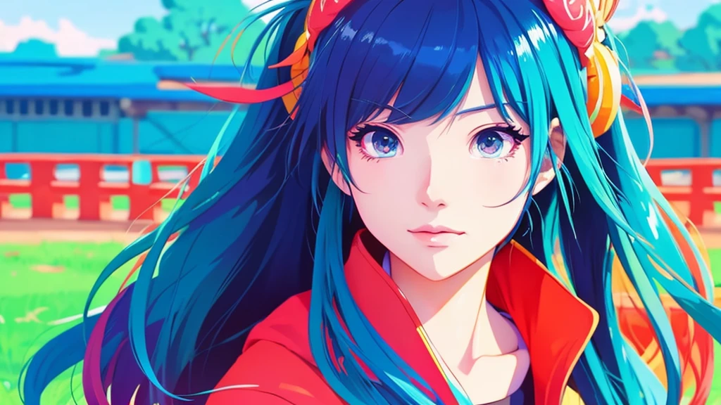 Create a vibrant anime-style portrait of a Japanese girl, .A girl&#39;s hair should flow naturally., And she is big, Expressive blue eyes. Her expression should be soft and gentle, With a warm and kind smile. A combination of warm and cool colors is preferable for the background., Enhance a girl&#39;s hair. She is wearing a blue lace dress with detailed embellishments.,Beautiful flowers in the background々is blooming、Cute puppy beside him、 Adding elegance to her appearance. The overall atmosphere of the artwork is bright.、It should be attractive, Capture the girl&#39;s sweet and friendly demeanor."