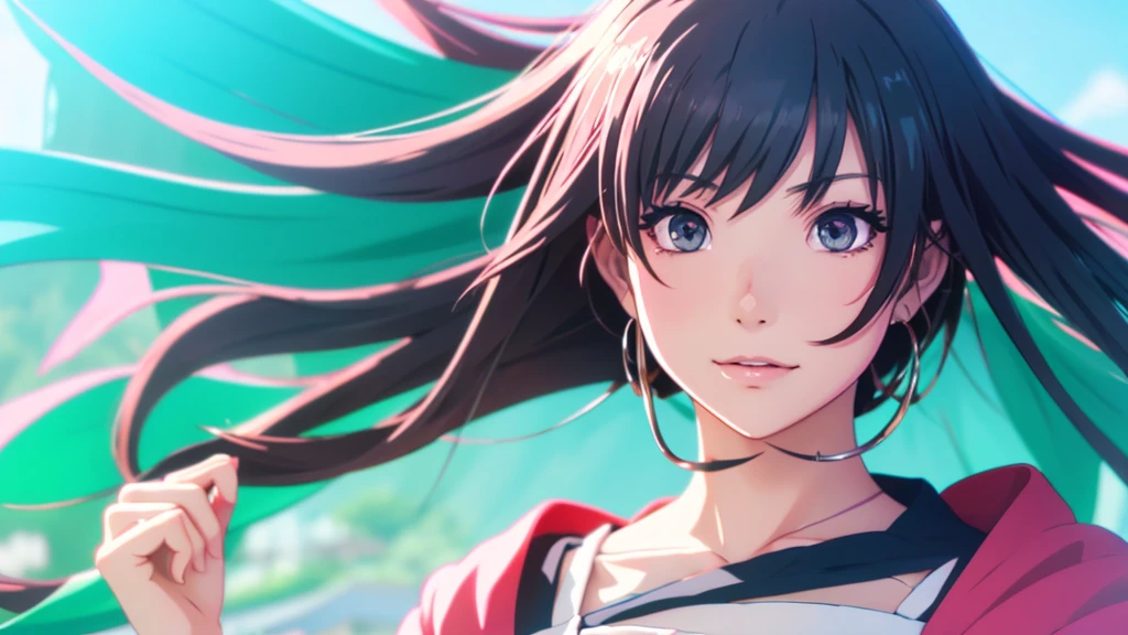 Create a vibrant anime-style portrait of a Japanese girl, .A girl's hair should flow naturally., And she is big, Expressive blue eyes. Her expression should be soft and gentle, With a warm and kind smile. A combination of warm and cool colors is preferable for the background., Enhance a girl's hair. She is wearing a blue lace dress with detailed embellishments.,Beautiful flowers in the background々is blooming、Cute puppy beside him、 Adding elegance to her appearance. The overall atmosphere of the artwork is bright.、It should be attractive, Capture the girl's sweet and friendly demeanor."