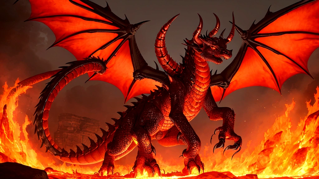 A giant hell animal with four legs, has sharp nails, a dragon-like head and horns, has 4 wings and a 2-pronged tail, has 2 eyes on the right and left that burn like lava, and has red scaly skin and emits black flames.