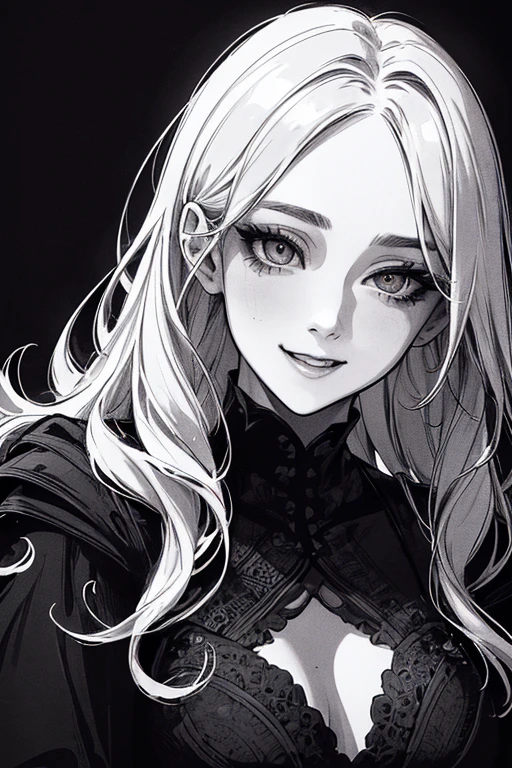 Highest quality, (Background details), High Contrast, Very beautiful woman, Detailed original illustrations、functional、priest、White、Circlet、Elf、Delicate face、charm、Villainess、sexy、Real breasts、Crazy Smile, Crazy Eyes,  Black background, (Black background: 1.5), Beautiful line art、Monochrome