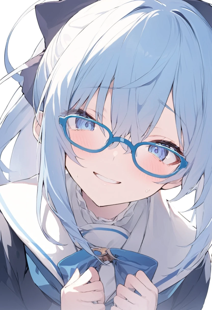 Blue Glasses Light blue hair girl ponytail Laughter Middle school students Mostly faces Face close-up Highest quality 傑作 Blue Glasses Blue Glasses