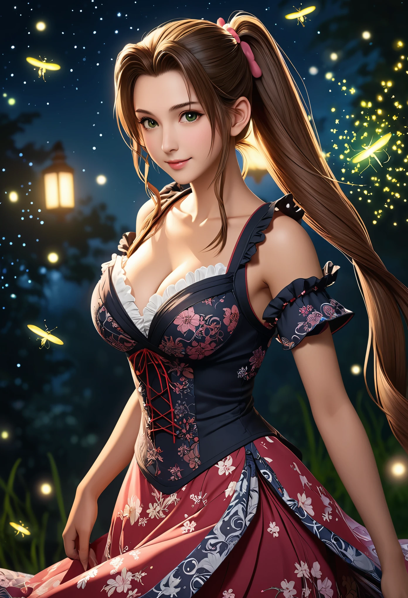 (((masterpiece))),((Highest quality)),Beautiful girl, Aerith, Sexy witch, bangs、(Long Hair, side pony tails:1.5)、(((huge firm bouncing bust, Deep cleavage)))、23 years old、(Gorgeous frilled dress with intricate patterns:1.5)、Japanese girl、 Beautiful digital artwork, Beautiful fantasy art, dynamic sely poses, A kind smile, Mysterious Background, Aura, A gentle gaze, BREAK, Small faint lights and flying fireflies, night, lanthanum,