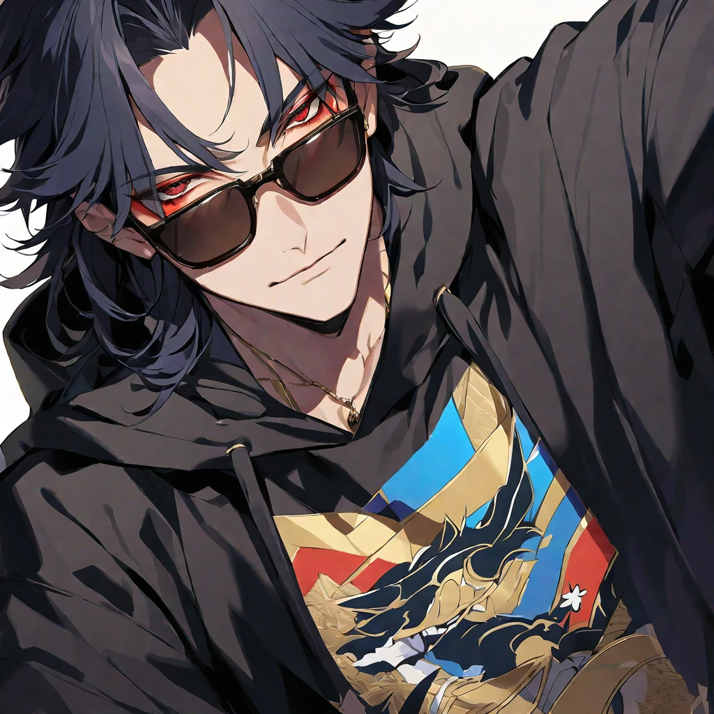 solo, handsome, 1/2,ちびキャラ,ミニキャラ,1. male, Straight Long Hair, black hair, red eyes&Soft look, Gojo Satoru ,Black oversized hoodie,,skin,Sexy,sunglasses,Golden Necklace,Whitebackground