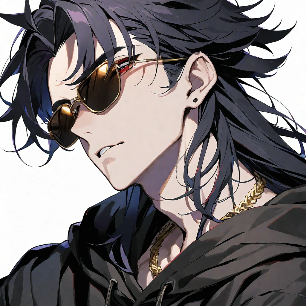 solo, handsome, 1/2,ちびキャラ,ミニキャラ,1. male, Straight Long Hair, black hair, red eyes＆Soft look, Gojo Satoru ,Black oversized hoodie,,skin,Sexy,sunglasses,Golden Necklace,Whitebackground