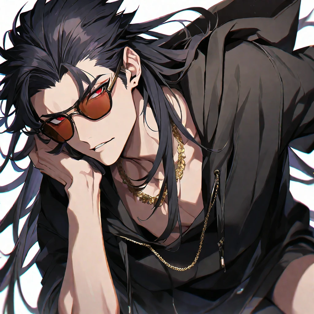 solo, handsome, 1/2,ちびキャラ,ミニキャラ,1. male, Straight Long Hair, black hair, red eyes&Soft look, Gojo Satoru ,Black oversized hoodie,,skin,Sexy,sunglasses,Golden Necklace,Whitebackground