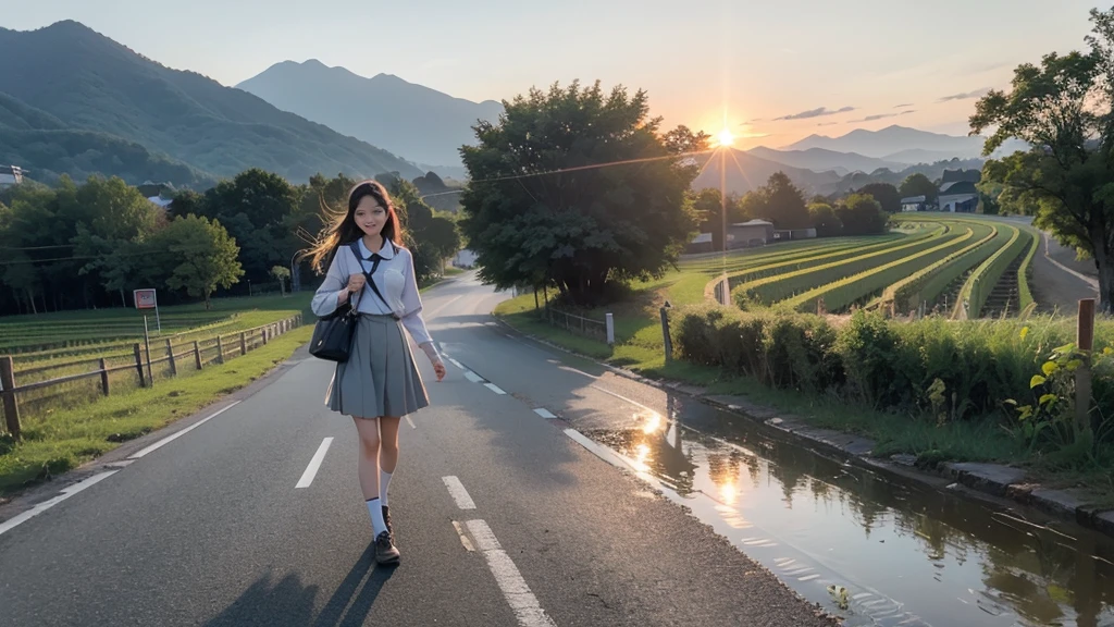 8K、RAW Photos、Highest quality、Super detailed、Super Resolution、Ultra HD、8K壁紙、Amazing details summer、evening、sunset、A rural road lined with rice fields、Paved roads、Woman walking on a country road、16 year old school girl in uniform、Drink water、School bag、Blue sky、Shining Sun、Water bottle、smile