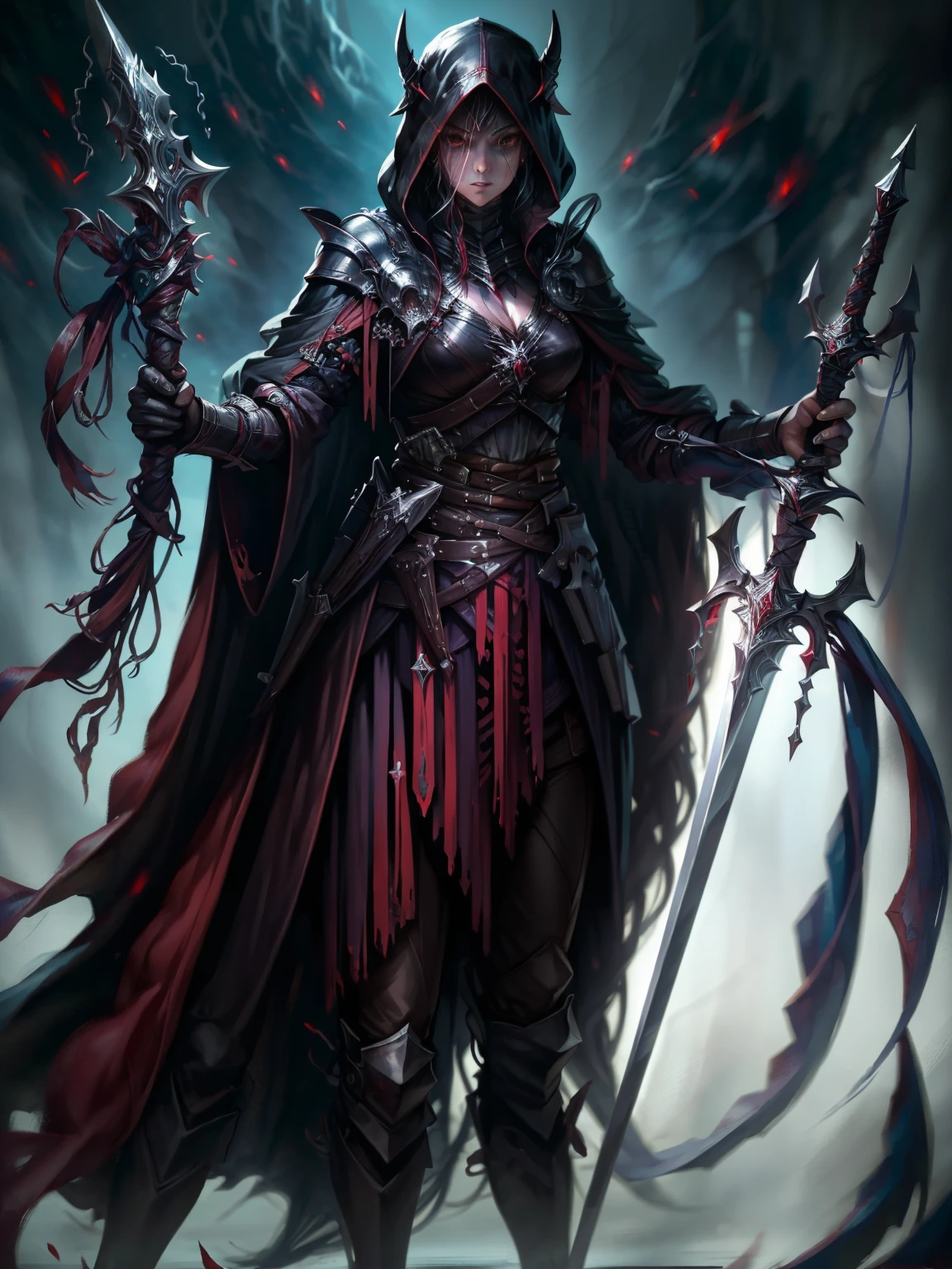 highest quality, masterpiece, 8k, realistic, ultra high resolution, very detailed, high resolution, cinematic lighting, medium distance, portraiture, perfect female body, half crouching, arms open ready to fight looking at the viewer, ((Dark Knight of Another World, pitch black armor, red glowing eyes, sharp blade, heavy greatsword, dark cloak, steel gloves, dark aura)), ((Assassin's Squad: 1.4)), cold gaze, black magic, evil emblem, battle scars, black horse, evil ritual, cursed shield, ancient magic book, wilderness of another world, overwhelm enemies, ruthless fighting skills, heart controlled by dark forces, endless battle, strategy in the dark, messenger of despair, dark pact, terrifying appearance, corrupt chivalry, pitch black steel, kingdom of another world, destruction.