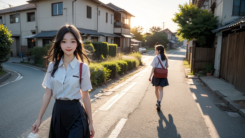 8K、RAW Photos、Highest quality、Super detailed、Super Resolution、Ultra HD、8K壁紙、Amazing details summer、evening、sunset、A rural road lined with rice fields、Paved roads、Woman walking on a country road、16 year old school girl in uniform、Drink water、School bag、Blue sky、Shining Sun、Water bottle、smile