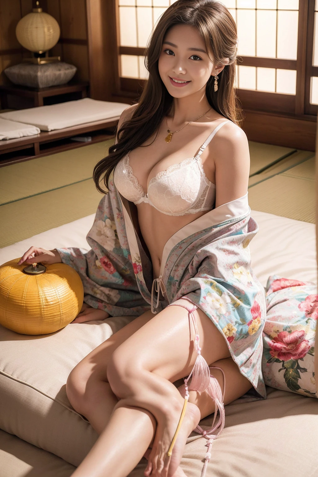 high quality,8K, Detailed facial depiction, Detailed description of the eyes,One Woman, Light brown hair(Medium-long hair),Beautiful Japanese Girl,24-years-old,Cute eyes,Cute Smile,Yukata beauty,The yellow floral yukata is open and very sexy.,The front of the yukata is open, revealing a sexy bra,Floral lace underwear,String panties,Slender body, Large, plump breast size, Long and beautiful legs,Smiling, Colorful earrings,necklace,Are standing,Beautiful nape,Japan tatami room,Feminine gestures,Dry landscape garden,wind chimes,A bedroom with futons,Lying on a futon,Lying on one&#39;s back