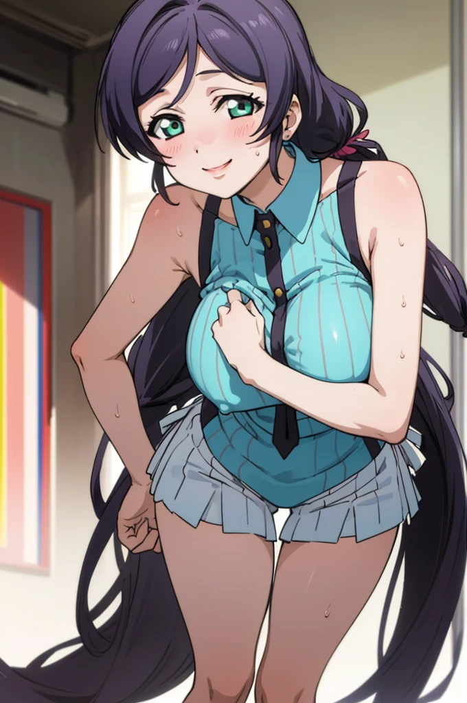 (masterpiece, best quality), 1girl, nozomi toujou,huge breasts,sexy ,,sweating,sleeveless,looking viewer,smile,,lean forward,,bare legs,nipple,thigh gap