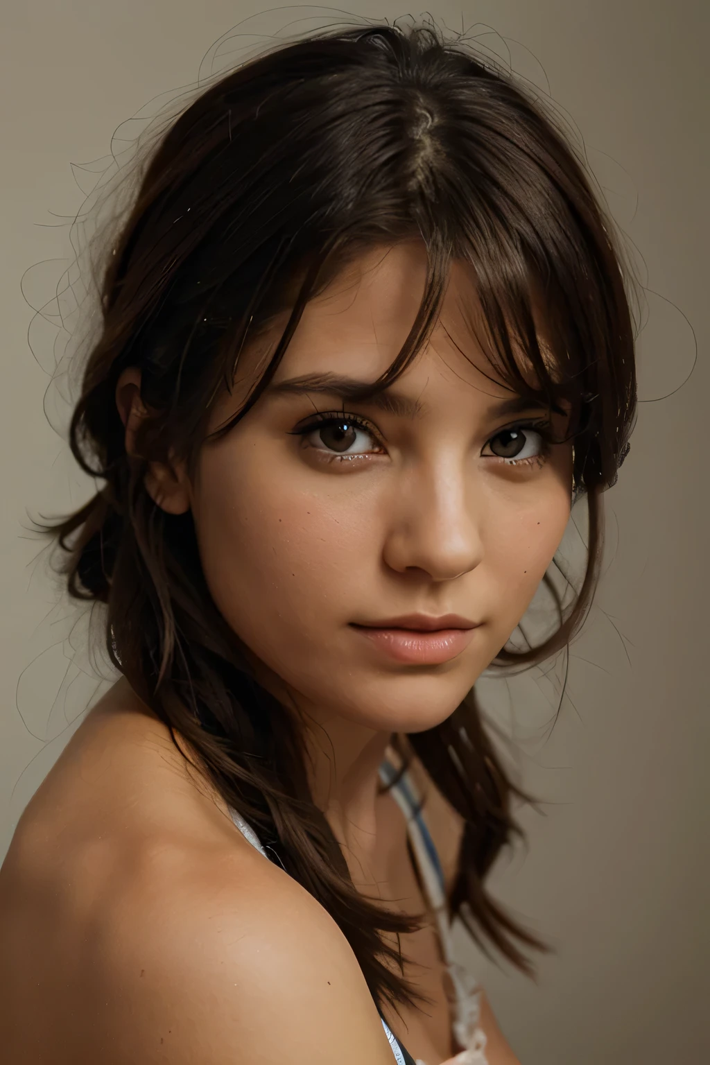 head shot of beautiful woman looking over her shoulder at the camera