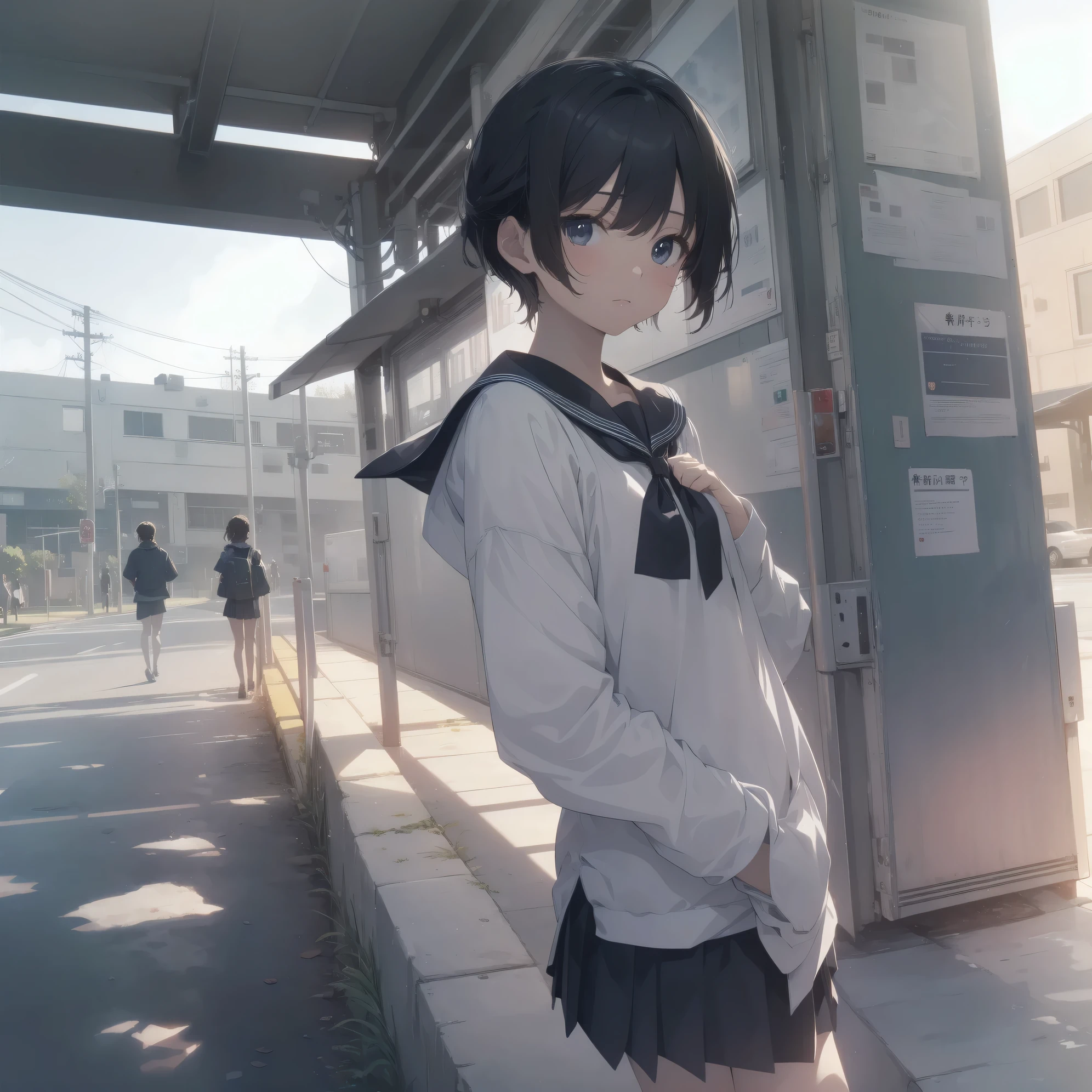 ultra-absurdres-Top quality by artist God, ultra-detailed, high resolution, anime moe artstyle, best anime 8k konachan wallpaper, pixiv contest winner, pool:2810, perfect anatomy,break, 1girl, (Please draw a girl walking sleepily to school alone. )break,(Solo,little female, 13-year-old:1.3),Full limbs, complete fingers,a junior high school student, (very short hair), short cut, flat chest, , small butt, small black eyes, beautiful detailed eyes, well-proportioned iris and pupils, expressive eyes, highres detailed hair, soft expression, salor school_uniform, sailor collar, serahuku, bow, pleated skirt,(Detailed Lighting), (Detailed background), in the School commute route. break,super detailed skin, Best cinematic lighting powered by famous artist, 8k,beauty illustration,photoshop_(medium),very aesthetic,break,((artist:takafumi )), artist:clamp ,artist:carnelian ,artist:kantoku ,
