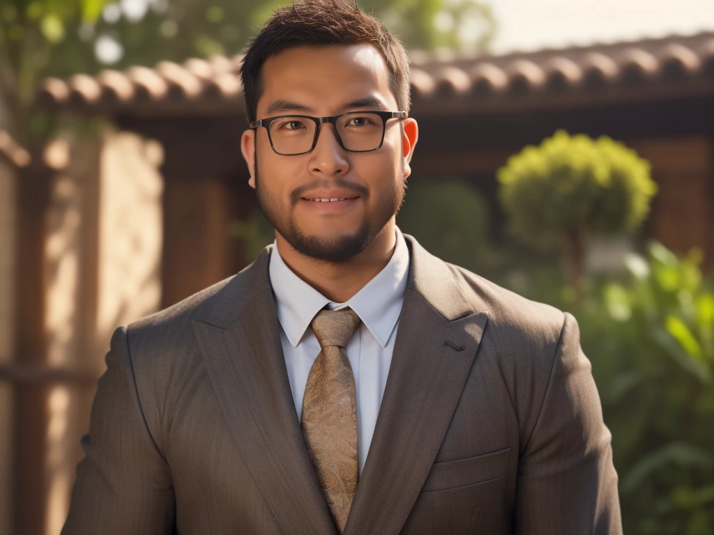 An award-winning original photo，a handsome 38-year-old man, crew cut, (((full body))), (((landscape))), mature man, [slightly fat], asian man, brown eyes, rounded face, glasses, slightly balding, 1boy, Solo, (big shoulders), (((stubbles, Short beard))), (((full beard))), (Beautiful eyes:1.3), (Detailed face:1.3), wearing glasses, Dynamic Angle, volumetric lighting, (Best quality, A high resolution, Photorealistic), Cinematic lighting, Masterpiece, RAW photo, Intricate details, (extremely detailed 8k wallpaper), masterpiece 16k photo, (best quality)), ((masterpiece)), (detailed), An award-winning original photo，A wild muscular man, 1boy, Solo, (grey suit), (black trouser), (black dress shirt), (grey necktie), (big shoulders), musculature, stubbles, Short beard, Beautiful eyes:1.3, ), (Detailed face:1.3), wearing glasses, smiles, Dynamic Angle, volumetric lighting, (Best quality, A high resolution, Photorealistic), Cinematic lighting, Masterpiece, RAW photo, Intricate details, hdr, depth of field, upper body shot