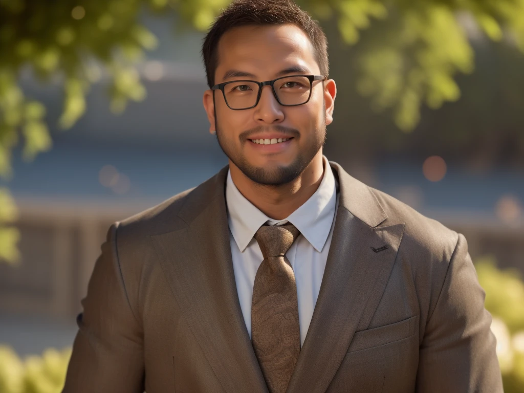 An award-winning original photo，a handsome 38-year-old man, crew cut, (((full body))), (((landscape))), mature man, [slightly fat], asian man, brown eyes, rounded face, glasses, slightly balding, 1boy, Solo, (big shoulders), (((stubbles, Short beard))), (((full beard))), (Beautiful eyes:1.3), (Detailed face:1.3), wearing glasses, Dynamic Angle, volumetric lighting, (Best quality, A high resolution, Photorealistic), Cinematic lighting, Masterpiece, RAW photo, Intricate details, (extremely detailed 8k wallpaper), masterpiece 16k photo, (best quality)), ((masterpiece)), (detailed), An award-winning original photo，A wild muscular man, 1boy, Solo, (grey suit), (black trouser), (black dress shirt), (grey necktie), (big shoulders), musculature, stubbles, Short beard, Beautiful eyes:1.3, ), (Detailed face:1.3), wearing glasses, smiles, Dynamic Angle, volumetric lighting, (Best quality, A high resolution, Photorealistic), Cinematic lighting, Masterpiece, RAW photo, Intricate details, hdr, depth of field, upper body shot