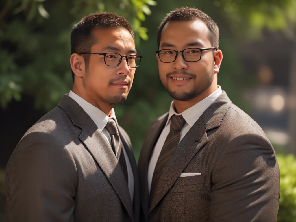 An award-winning original photo，a handsome 38-year-old man, crew cut, (((full body))), (((landscape))), mature man, [slightly fat], asian man, brown eyes, rounded face, glasses, slightly balding, 1boy, Solo, (big shoulders), (((stubbles, Short beard))), (((full beard))), (Beautiful eyes:1.3), (Detailed face:1.3), wearing glasses, Dynamic Angle, volumetric lighting, (Best quality, A high resolution, Photorealistic), Cinematic lighting, Masterpiece, RAW photo, Intricate details, (extremely detailed 8k wallpaper), masterpiece 16k photo, (best quality)), ((masterpiece)), (detailed), An award-winning original photo，A wild muscular man, 1boy, Solo, (grey suit), (black trouser), (black dress shirt), (grey necktie), (big shoulders), musculature, stubbles, Short beard, Beautiful eyes:1.3, ), (Detailed face:1.3), wearing glasses, smiles, Dynamic Angle, volumetric lighting, (Best quality, A high resolution, Photorealistic), Cinematic lighting, Masterpiece, RAW photo, Intricate details, hdr, depth of field, upper body shot