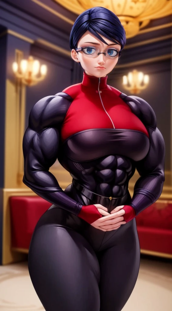 (masterpiece, best quality:1.2), 1girl, solo,Create a detailed illustration of Natalie Sancoeur from 'Miraculous Ladybug.' She a muscular female bodybuilder and her hair is dark blue and a bit red from end to the left side of head, detailed face, beautiful detailed eyes, beautiful detailed lips, extremely detailed face and muscles, long eyelashes, strong muscles bulging through suit, dynamic pose, professional studio lighting, hyperrealistic, 8k, high quality, photorealistic, physically-based rendering, concept art, dramatic color palette, ((abs)), is depicted in her usual professional attire, with a stern and composed expression. The background should be set in the Agreste mansion, showcasing elements like elegant furniture and a grand staircase, reflecting the opulent setting. Emphasize her poised and meticulous nature, highlighting her distinctive glasses and neatly tied hair. The overall mood should be serious and sophisticated, capturing her role as a competent and loyal assistant.