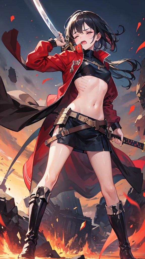 Girl, Navel exposed, Wearing boots, Holding a sword, Being attacked by enemies, He closes his eyes in pain and cries, Wearing a jacket