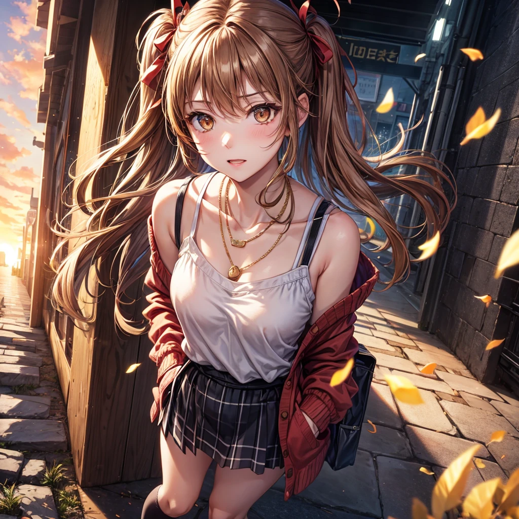 Red, brown, gold, gold hair、Golden Eyes、Hair tied up、One good looking girl、solo、anime、Checkered mini skirt、Ruffles on the skirt、camisole、camisole、Lightweight cardigan、Black knee-high socks、Wearing a baseball cap、Ribbon、Ribbon on waist、Teeth are visible、Sunset sky、Cumulonimbus、Silver coin necklace、shine、From above、Sparks are flying、tunnel、Cobblestones、Hands in pockets、waterfall、Torrent