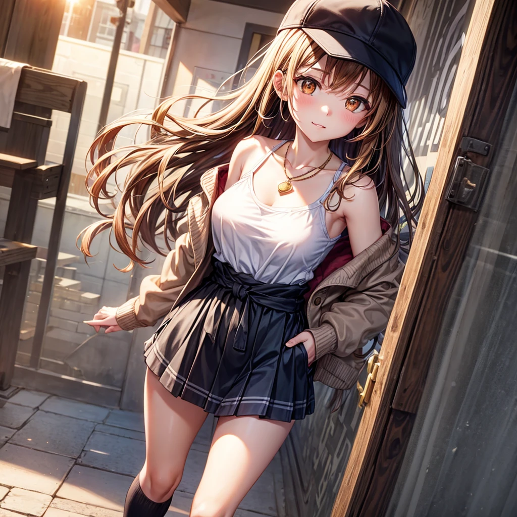 Red, brown, gold, gold hair、Golden Eyes、Hair tied up、One good looking girl、solo、anime、Checkered mini skirt、Ruffles on the skirt、camisole、camisole、Lightweight cardigan、Black knee-high socks、Wearing a baseball cap、Ribbon、Ribbon on waist、Teeth are visible、Sunset sky、Cumulonimbus、Silver coin necklace、shine、From above、Sparks are flying、tunnel、Cobblestones、Hands in pockets、waterfall、Torrent