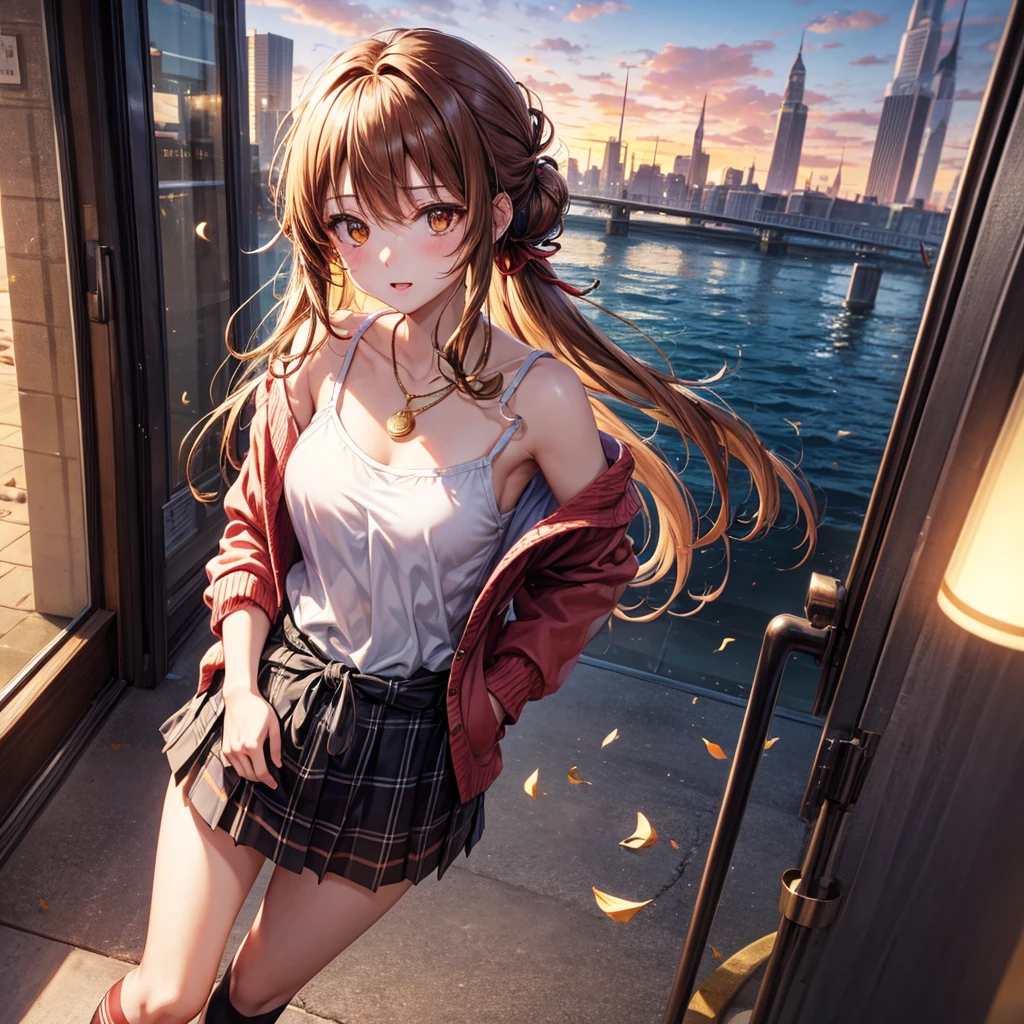 Red, brown, gold, gold hair、Golden Eyes、Hair tied up、One good looking girl、solo、anime、Checkered mini skirt、Ruffles on the skirt、camisole、camisole、Lightweight cardigan、Black knee-high socks、Wearing a baseball cap、Ribbon、Ribbon on waist、Teeth are visible、Sunset sky、Cumulonimbus、Silver coin necklace、shine、From above、Sparks are flying、tunnel、Cobblestones、Hands in pockets、waterfall、Torrent