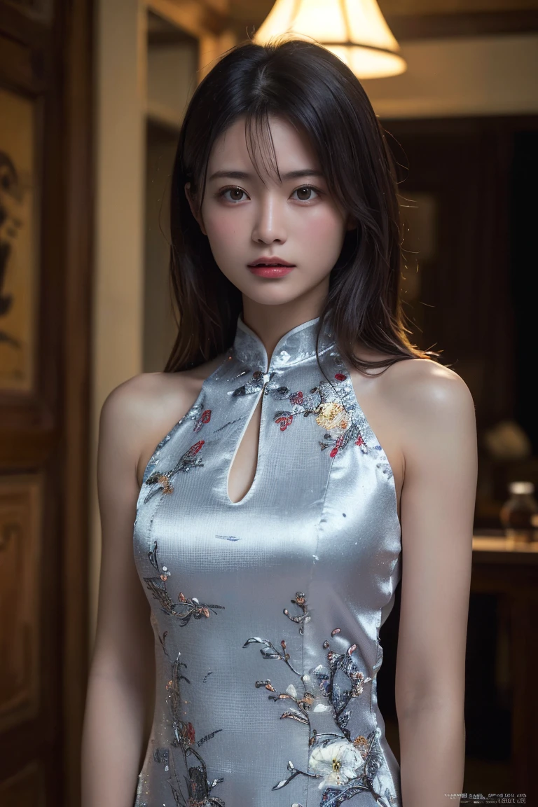 (Highest quality:1.4),(masterpiece:1.4),(Realistic:1.4),(Realistic:1.2),(超High resolution, RAW Photos:1.4),(High resolution, Ultra-detailed:1.2),(8K:1.2),Movie Photos,a photo of a dark-haired,One girl,alone,wear ,((China dress))、((Upper Body:1.3))