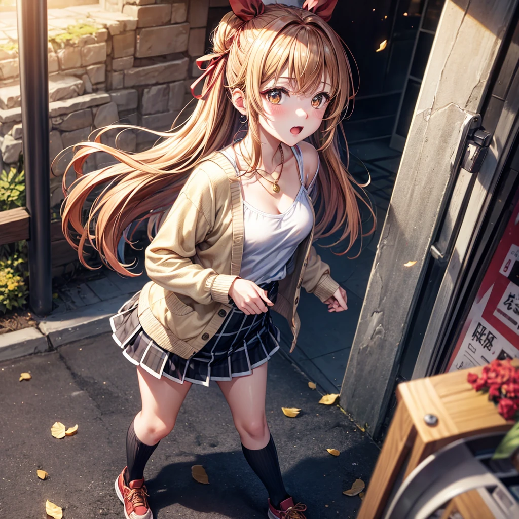 Red, brown, gold, gold hair、Golden Eyes、Hair tied up、One good looking girl、solo、anime、Checkered mini skirt、Ruffles on the skirt、camisole、camisole、Lightweight cardigan、Black knee-high socks、Wearing a baseball cap、Ribbon、Ribbon on waist、Teeth are visible、Sunset sky、Cumulonimbus、Silver coin necklace、shine、From above、Sparks are flying、tunnel、Cobblestones、Hands in pockets、waterfall、Torrent