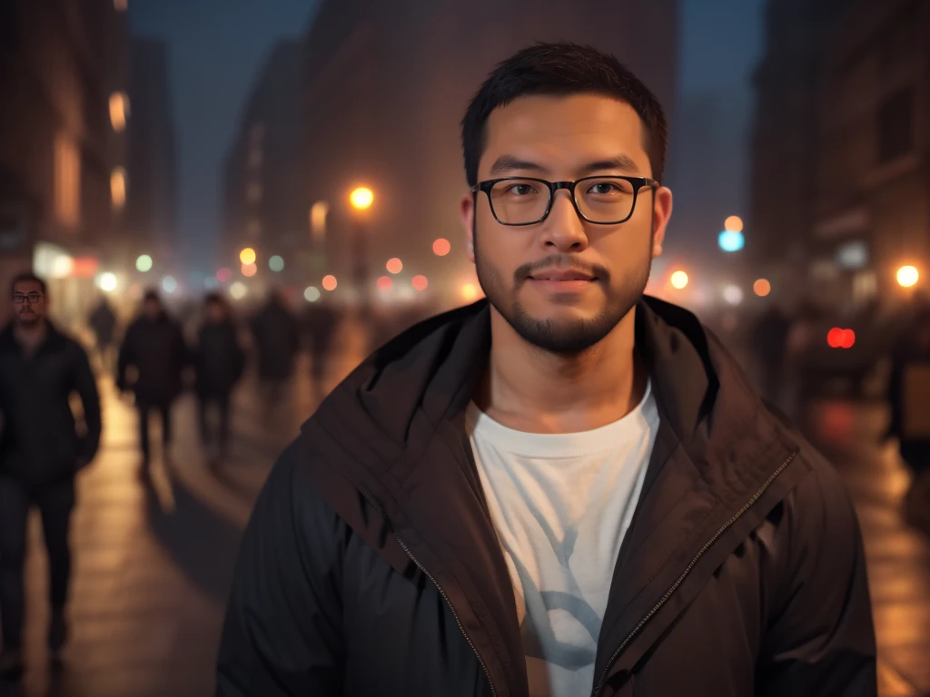 An award-winning original photo，a handsome 38-year-old man, crew cut, (((full body))), (((landscape))), mature man, [slightly fat], asian man, brown eyes, rounded face, glasses, slightly balding, 1boy, Solo, (big shoulders), (((stubbles, Short beard))), (((full beard))), (Beautiful eyes:1.3), (Detailed face:1.3), wearing glasses, Dynamic Angle, volumetric lighting, (Best quality, A high resolution, Photorealistic), Cinematic lighting, Masterpiece, RAW photo, Intricate details, (extremely detailed 8k wallpaper), masterpiece 16k photo, city street, neon, fog, volumetric, closeup portrait photo of youngish man in dark clothes