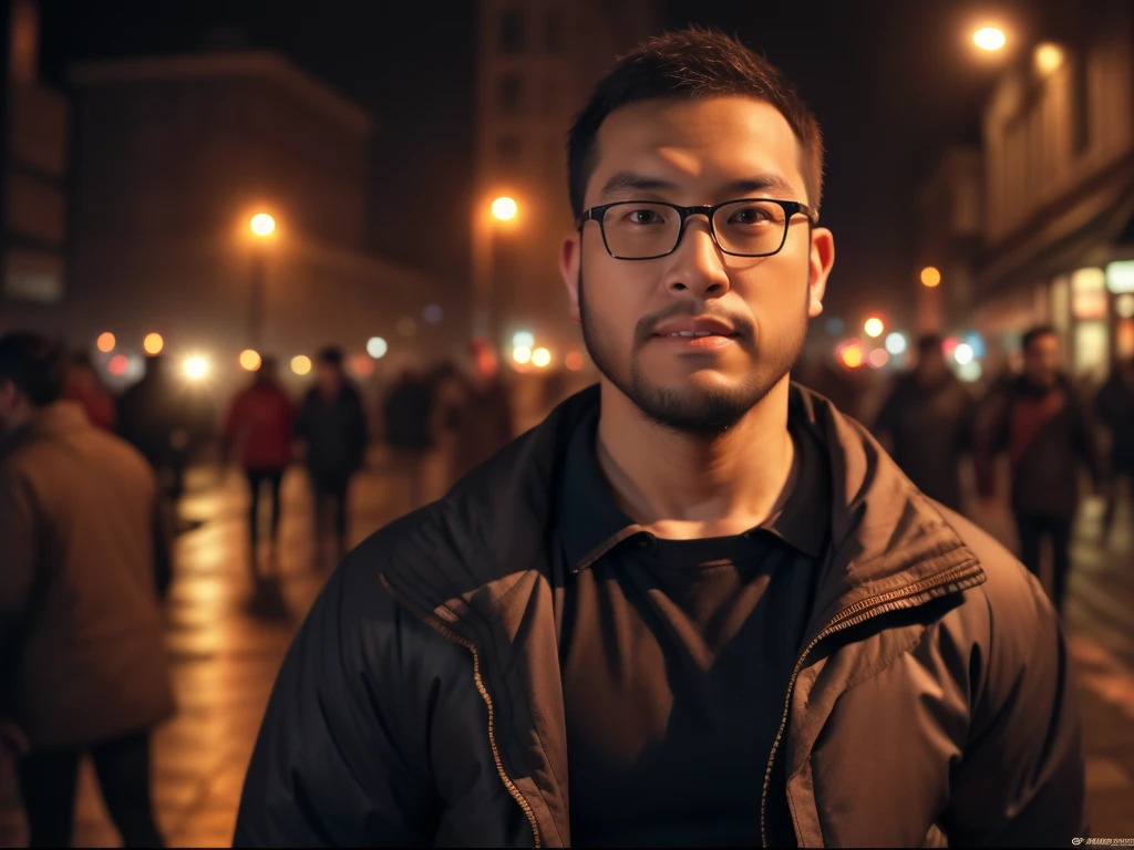 An award-winning original photo，a handsome 38-year-old man, crew cut, (((full body))), (((landscape))), mature man, [slightly fat], asian man, brown eyes, rounded face, glasses, slightly balding, 1boy, Solo, (big shoulders), (((stubbles, Short beard))), (((full beard))), (Beautiful eyes:1.3), (Detailed face:1.3), wearing glasses, Dynamic Angle, volumetric lighting, (Best quality, A high resolution, Photorealistic), Cinematic lighting, Masterpiece, RAW photo, Intricate details, (extremely detailed 8k wallpaper), masterpiece 16k photo, city street, neon, fog, volumetric, closeup portrait photo of youngish man in dark clothes