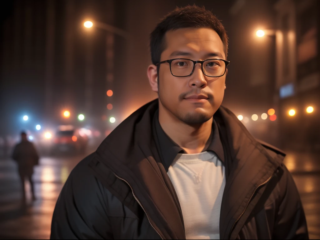 An award-winning original photo，a handsome 38-year-old man, crew cut, (((full body))), (((landscape))), mature man, [slightly fat], asian man, brown eyes, rounded face, glasses, slightly balding, 1boy, Solo, (big shoulders), (((stubbles, Short beard))), (((full beard))), (Beautiful eyes:1.3), (Detailed face:1.3), wearing glasses, Dynamic Angle, volumetric lighting, (Best quality, A high resolution, Photorealistic), Cinematic lighting, Masterpiece, RAW photo, Intricate details, (extremely detailed 8k wallpaper), masterpiece 16k photo, city street, neon, fog, volumetric, closeup portrait photo of youngish man in dark clothes