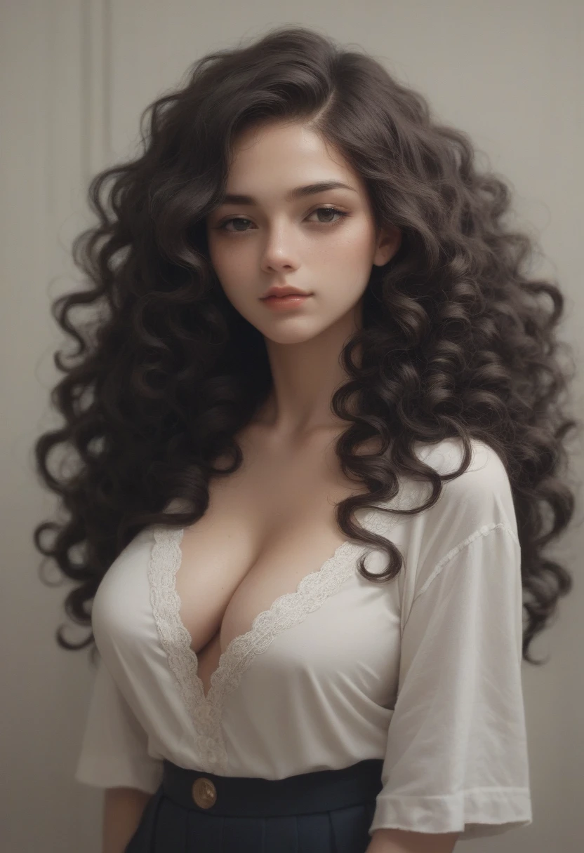1girl, hair_over_breasts, hair_censor, curly_hair, long_hair, black_hair, wavy_hair