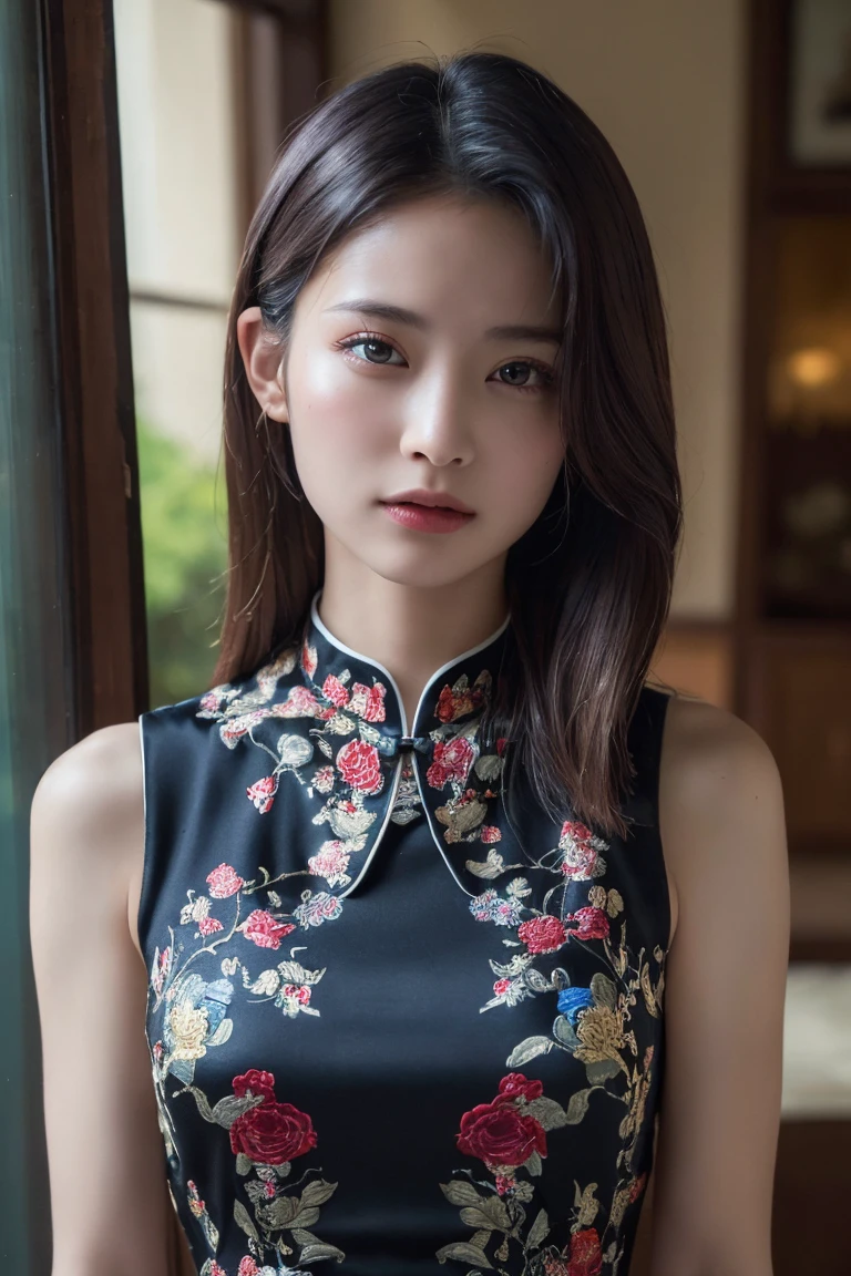(Highest quality:1.4),(masterpiece:1.4),(Realistic:1.4),(Realistic:1.2),(超High resolution, RAW Photos:1.4),(High resolution, Very detailed:1.2),(8k:1.2),Movie Photos,a photo of a dark-haired,One Girl,alone,wear ,((China dress))、((Upper Body:1.3))