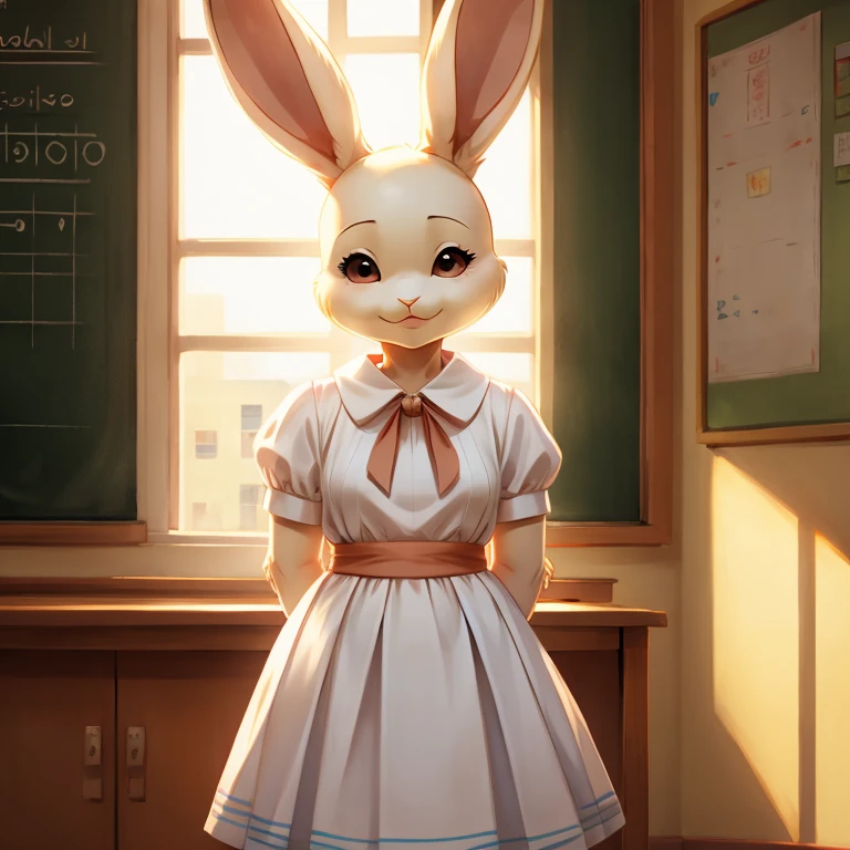 Masterpiece, best quality, Haru bunny, wears serufuku, hands in the back, standing in the school, sunny day