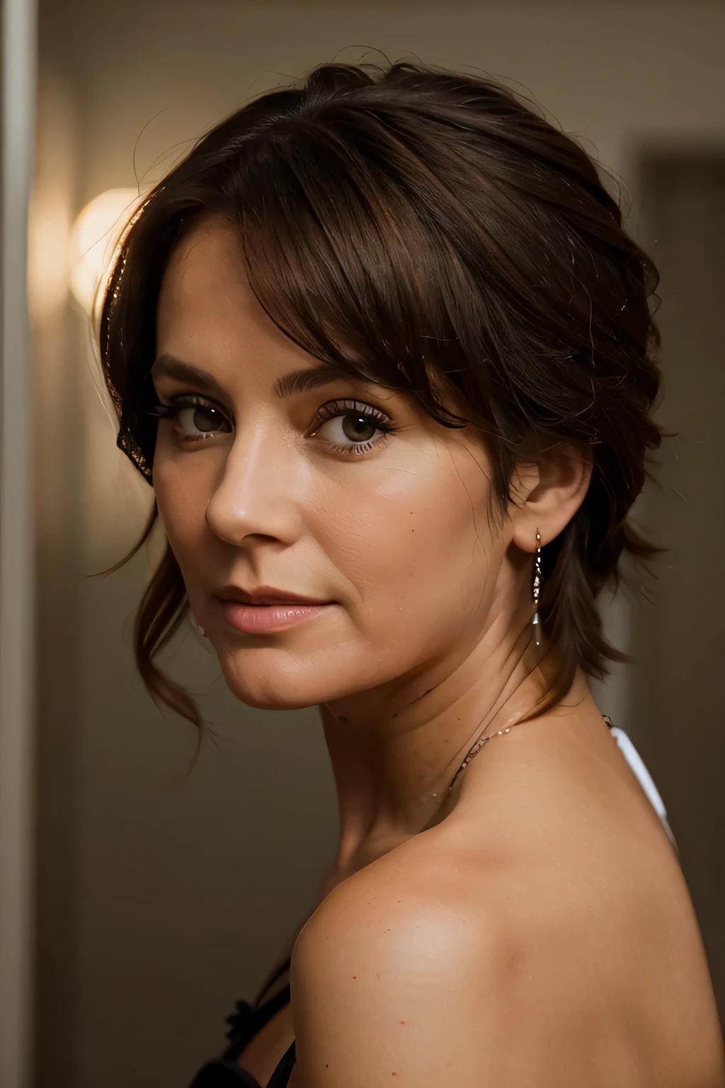 head shot of beautiful 50 year old woman with back to the camera, looking over her shoulder at the camera