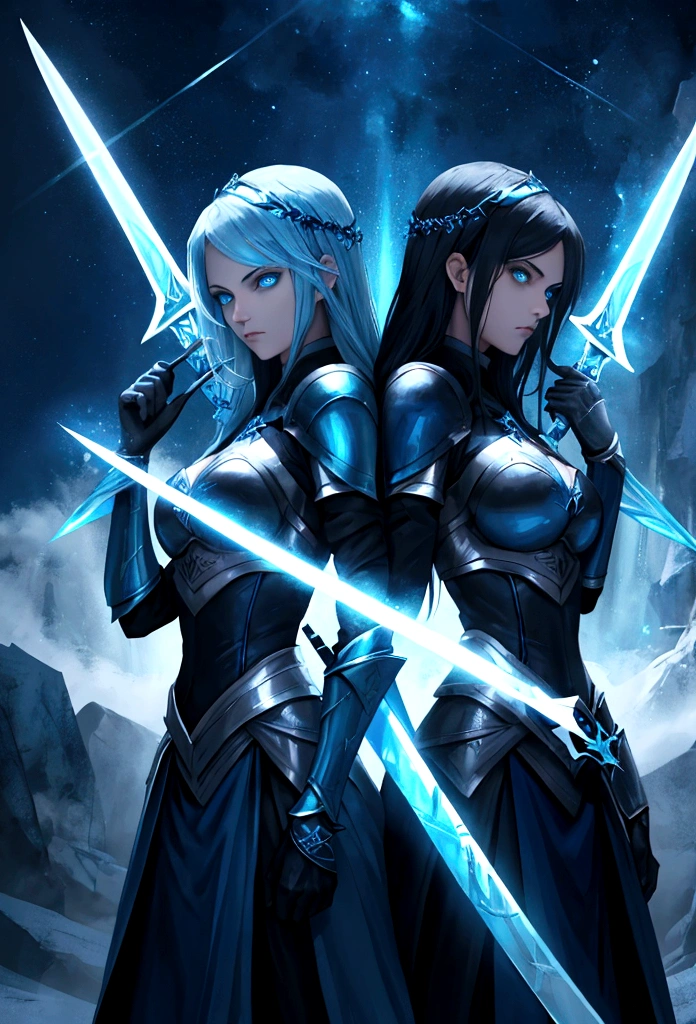 Two twin women while holding blue swords, ice swords, blue, blue aura, two women, twins, twin ice swords.HD lighting and dark )<=(epic image quality)dark atmosphere with bright particle light(many effects in background)