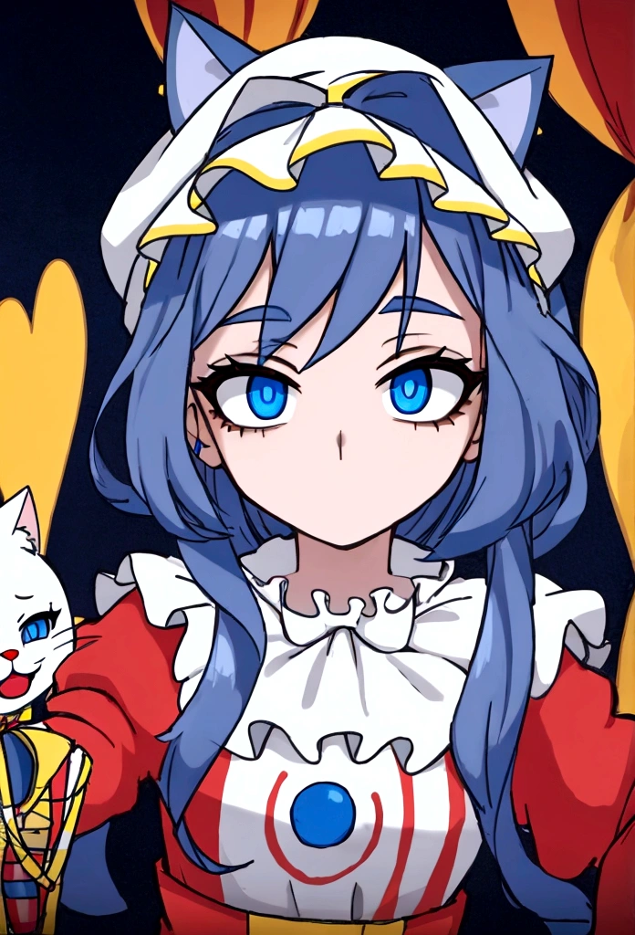 Clown Girl, Blue eyes, medium length loose hair, clown makeup on the face star on the eye, Clown nose, white cat ears, clown costume