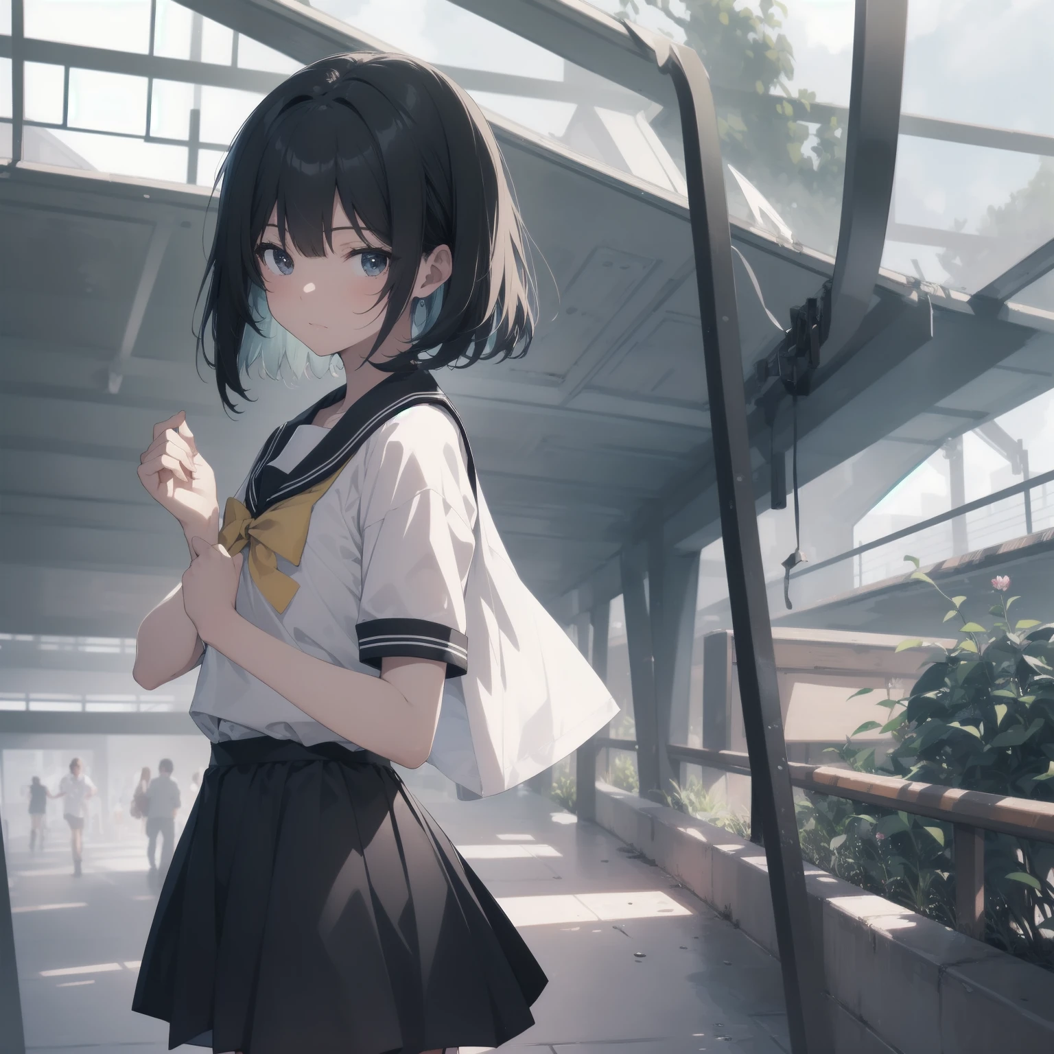 ultra-absurdres-Top quality by artist God, ultra-detailed, high resolution, anime moe artstyle, best anime 8k konachan wallpaper, pixiv contest winner, pool:2810, perfect anatomy,break, 1girl, (Please draw a girl walking sleepily to school alone. )break,(Solo,little female, 13-year-old:1.3),Full limbs, complete fingers,a junior high school student, (very short hair), short cut, flat chest, , small butt, small black eyes, beautiful detailed eyes, well-proportioned iris and pupils, expressive eyes, highres detailed hair, soft expression, salor school_uniform, sailor collar, serahuku, bow, pleated skirt,(Detailed Lighting), (Detailed background), in the School commute route. break,super detailed skin, Best cinematic lighting powered by famous artist, 8k,beauty illustration,photoshop_(medium),very aesthetic,break,((artist:takafumi )), artist:clamp ,artist:carnelian ,artist:kantoku ,