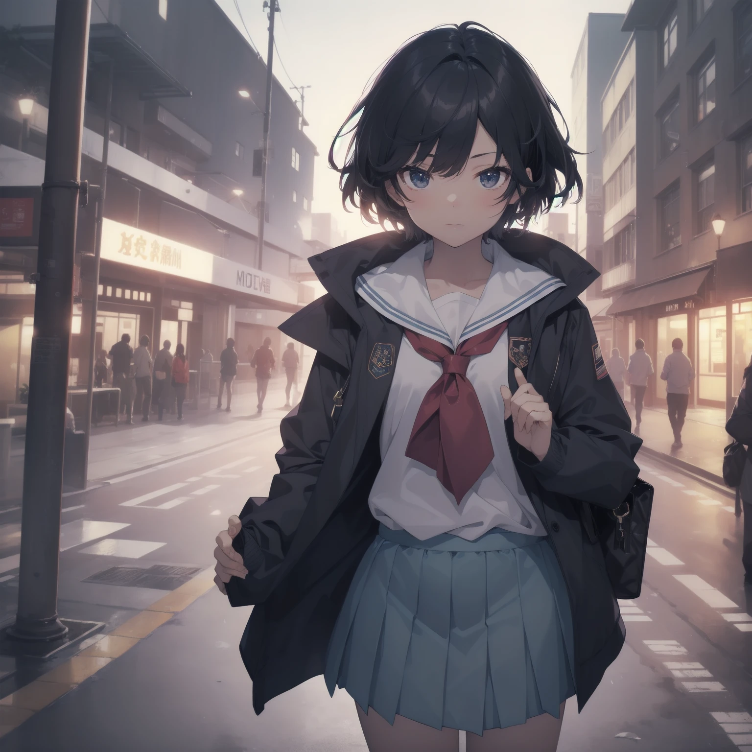 ultra-absurdres-Top quality by artist God, ultra-detailed, high resolution, anime moe artstyle, best anime 8k konachan wallpaper, pixiv contest winner, pool:2810, perfect anatomy,break, 1girl, (Please draw a girl walking sleepily to school alone. )break,(Solo,little female, 13-year-old:1.3),Full limbs, complete fingers,a junior high school student, (very short hair), short cut, flat chest, , small butt, small black eyes, beautiful detailed eyes, well-proportioned iris and pupils, expressive eyes, highres detailed hair, soft expression, salor school_uniform, sailor collar, serahuku, bow, pleated skirt,(Detailed Lighting), (Detailed background), in the School commute route. break,super detailed skin, Best cinematic lighting powered by famous artist, 8k,beauty illustration,photoshop_(medium),very aesthetic,break,((artist:takafumi )), artist:clamp ,artist:carnelian ,artist:kantoku ,
