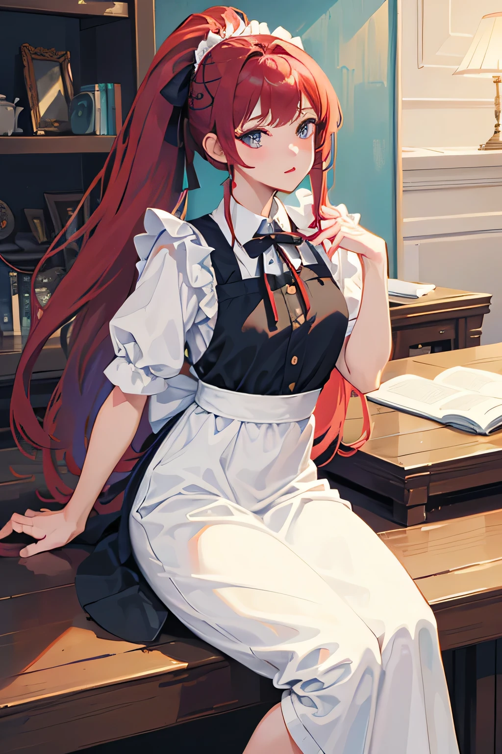 masterpiece,(Highest quality, figure,Detailed face:1.3),(One girl,alone:1.3),Beautiful attention to detail,  apron, Slope_background, Slope, Maid, Purple eyes,red hair,Small breasts,, break, enMaided, white_apron, black_dress, ponytail, black_footwear, frills_apron, dress, Maid_apron, Alternative_hair,very long hair, Split_ponytail, Hello 