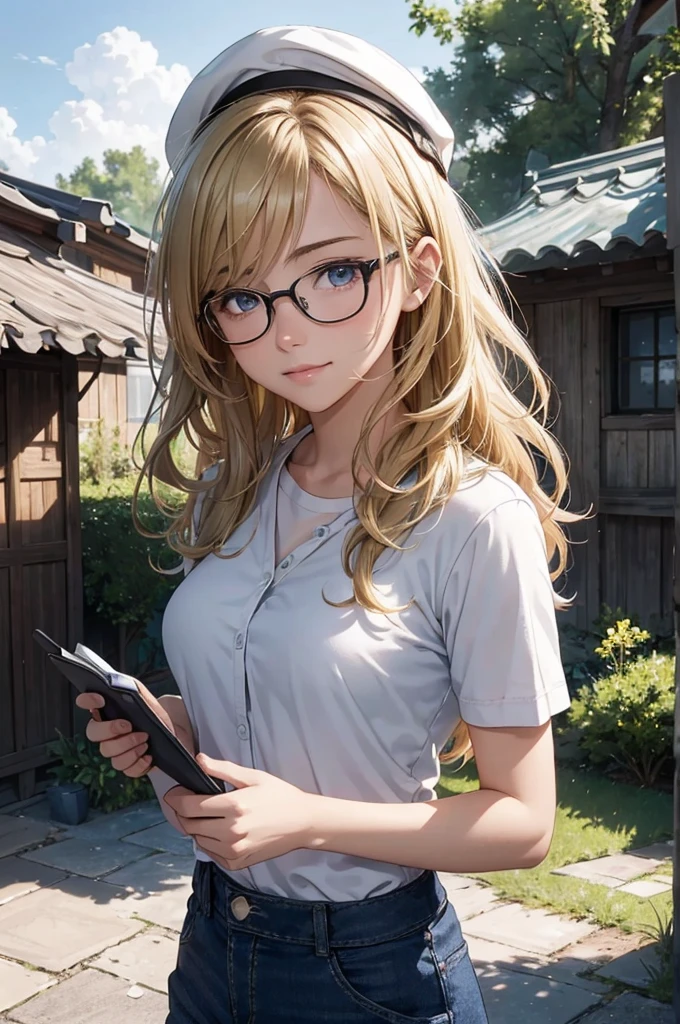 最high quality, high quality, High resolution, high quality texture, high quality shadows, High resolution, Beautiful details, Detailed CG, Detailed Texture, Realistic representation of face, Realistic, colorful, delicate, Cinematic Light, Side light, Lens flare, Ray Tracing, sharp concentrated, (1 Girl,concentrated:1.3), ( Intricate details, compensate, PureErosFaceV1:0.5), (細部まで美しいdelicateな顔, 緻密で美しいdelicateな瞳, Perfect Proportions, Dense skin, Optimal ratio of four fingers to one thumb, Modest chest, Beautiful Hips, Smooth upper abdomen, blue eyes , glasses ,White shirt, mountaineering pants ,trekking shoes, work cap, denmark, copenhagen ,buzzer, blue sky,trekking backpack ,adventure journey ,the gaze of true love, lips of temptation, A look full of compassion ,a smile full of love, i love you, Acting lovey-dovey, waist up, 35 years old, hiking,house wife,air fortress hair, blonde hair