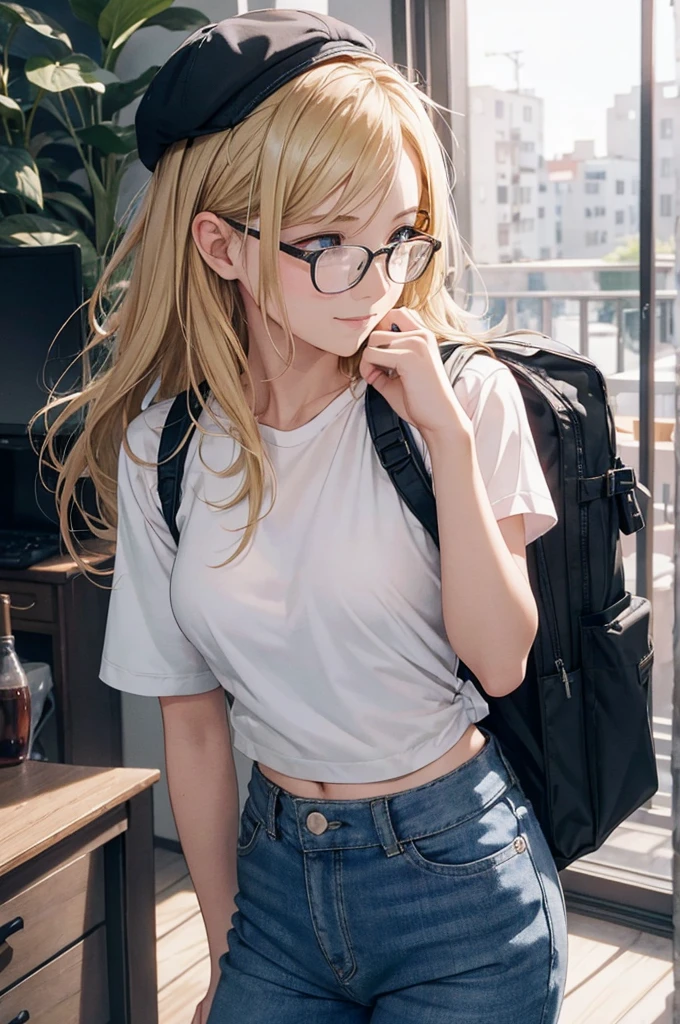 最high quality, high quality, High resolution, high quality texture, high quality shadows, High resolution, Beautiful details, Detailed CG, Detailed Texture, Realistic representation of face, Realistic, colorful, delicate, Cinematic Light, Side light, Lens flare, Ray Tracing, sharp concentrated, (1 Girl,concentrated:1.3), ( Intricate details, compensate, PureErosFaceV1:0.5), (細部まで美しいdelicateな顔, 緻密で美しいdelicateな瞳, Perfect Facial Proportions, Dense skin, Optimal ratio of four fingers to one thumb, Modest chest, Beautiful Hips, Smooth upper abdomen, blue eyes , glasses ,White shirt, mountaineering pants ,trekking shoes, work cap, denmark, copenhagen ,buzzer, blue sky,trekking backpack ,adventure journey ,the gaze of true love, lips of temptation, A look full of compassion ,a smile full of love, i love you, Acting lovey-dovey, waist up, 35 years old, hiking,house wife,air fortress hair, blonde hair