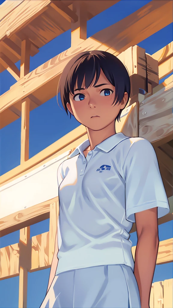 highest quality、Realistic、female、zoom、Chestnut Hair、Blue Eyes、short hair、athlete、White polo shirt、White pleated skirt、athlete、Sunburned、Tan、Brown Skin、From below、Jump、Looking down、、Small breasts、Bust Shot、　