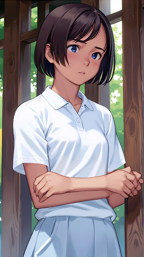 highest quality、Realistic、female、zoom、Chestnut Hair、Blue Eyes、short hair、athlete、White polo shirt、White pleated skirt、athlete、Sunburned、Tan、Brown Skin、From below、Jump、Looking down、、Small breasts、Bust Shot、