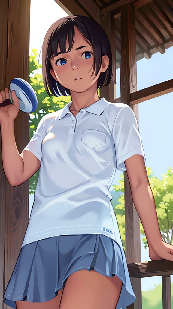 highest quality、Realistic、female、zoom、Chestnut Hair、Blue Eyes、short hair、athlete、White polo shirt、White pleated skirt、athlete、Sunburned、Tan、Brown Skin、From below、Jump、Looking down、、Small breasts、Bust Shot、　