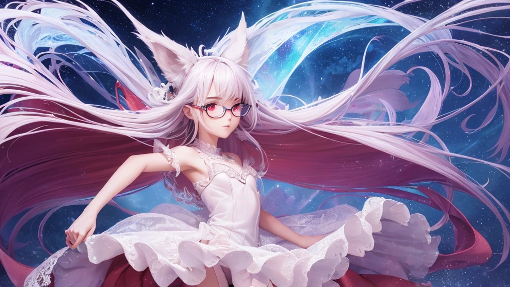 best quality, 8K, original photo, Ridiculous, Extremely detailed, Fox-eared maiden,baby face, No makeup, Provocative expressions,slim, Perfect proportion, White straight hair, (wind, wind-effect), Red Eyes, Various visual styles for backgrounds,combines various artistic elements,like a sparkling iridescent rainbow,Fox tail,Lace dress,wearing glasses