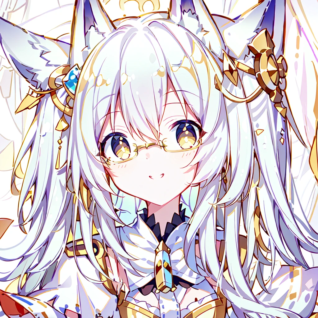 ((Best quality)), ((masterpiece)), (detailed), best quality，8K，original photo，White Fox Girl，touch fox，Castle Background， Liveliness. Carefree happy joy bokeh background. Quiet aesthetics. Soft lighting. Artistic Lighting. Gold frame glasses