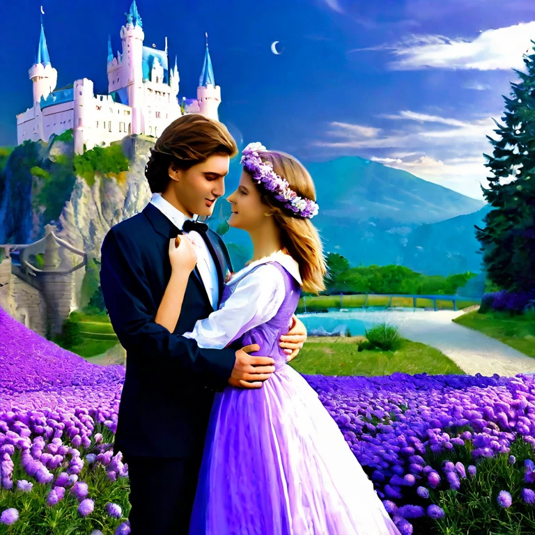 detailed romantic young couple, blue castle, aster purple flower